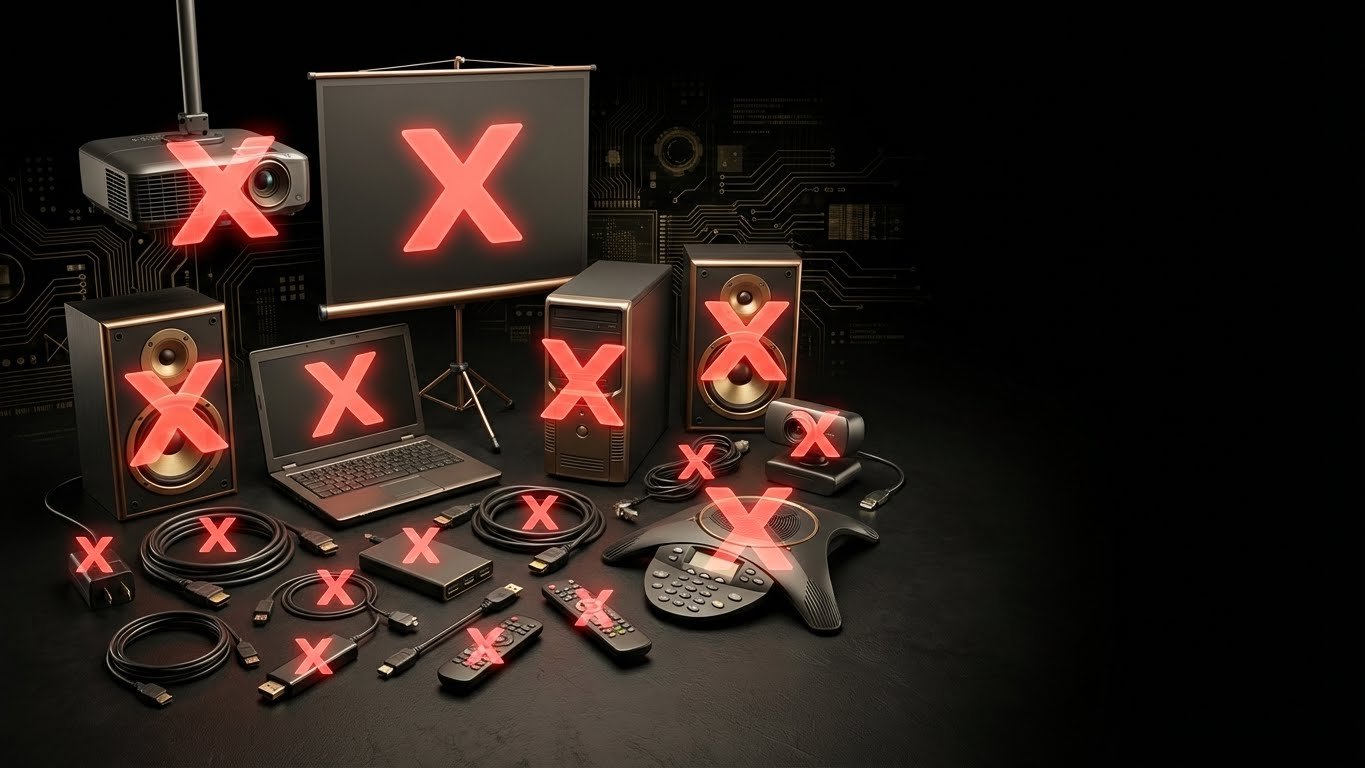 Traditional setup with six separate devices and countless cables